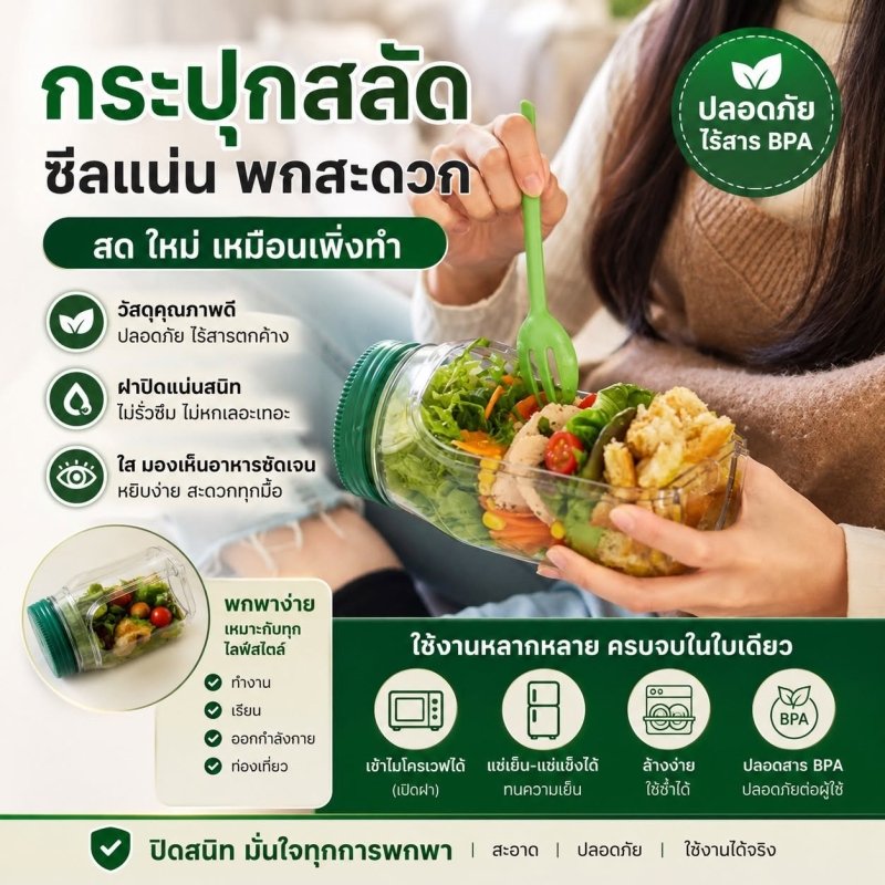 กล่องสลัดพกพา พร้อมช่องน้ำสลัดในตัว ซีลกันรั่ว BPA Free เข้าไมโครเวฟได้ ล้างง่าย - Kevro
