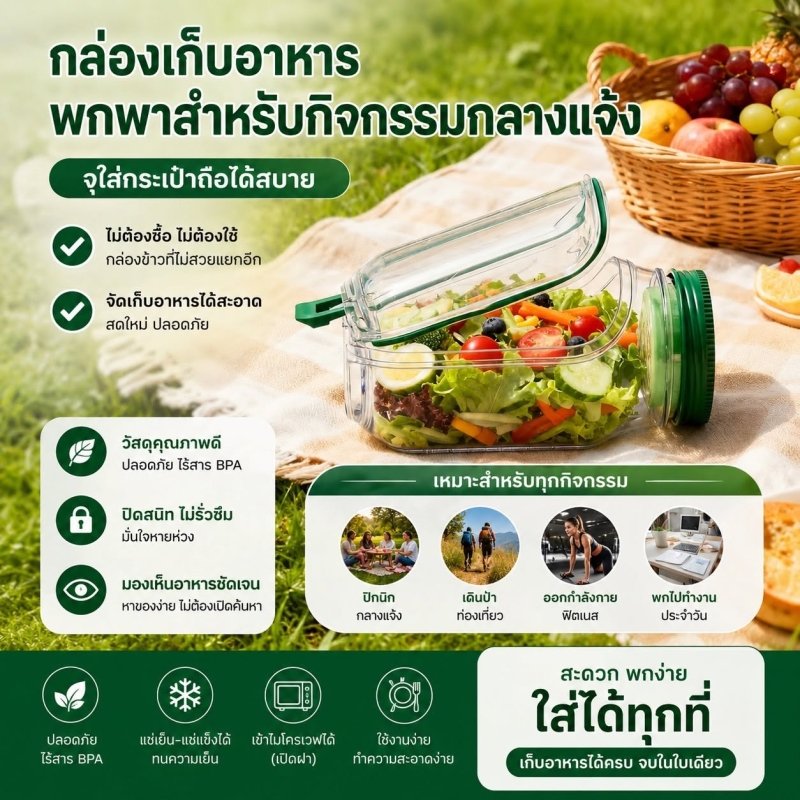 กล่องสลัดพกพา พร้อมช่องน้ำสลัดในตัว ซีลกันรั่ว BPA Free เข้าไมโครเวฟได้ ล้างง่าย - Kevro