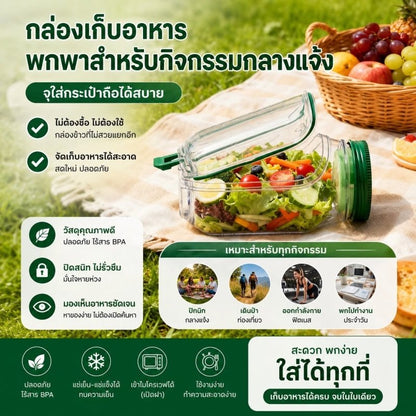 กล่องสลัดพกพา พร้อมช่องน้ำสลัดในตัว ซีลกันรั่ว BPA Free เข้าไมโครเวฟได้ ล้างง่าย - Kevro