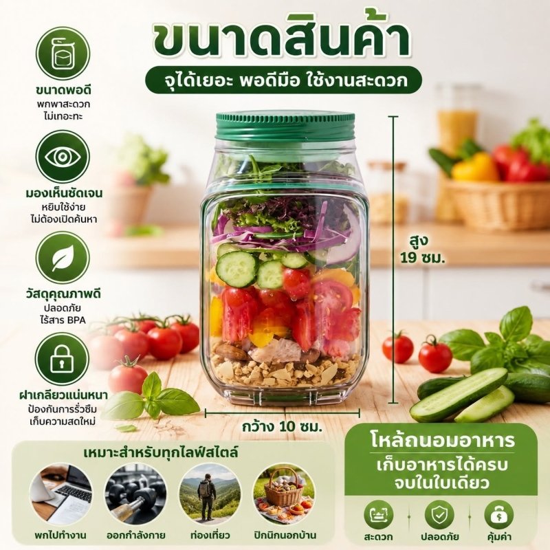 กล่องสลัดพกพา พร้อมช่องน้ำสลัดในตัว ซีลกันรั่ว BPA Free เข้าไมโครเวฟได้ ล้างง่าย - Kevro