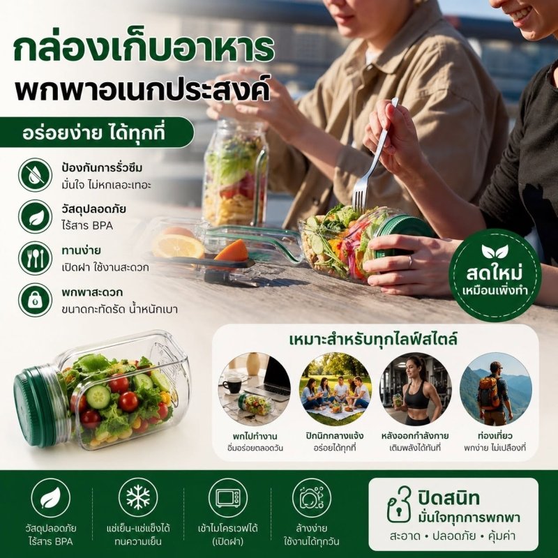 กล่องสลัดพกพา พร้อมช่องน้ำสลัดในตัว ซีลกันรั่ว BPA Free เข้าไมโครเวฟได้ ล้างง่าย - Kevro