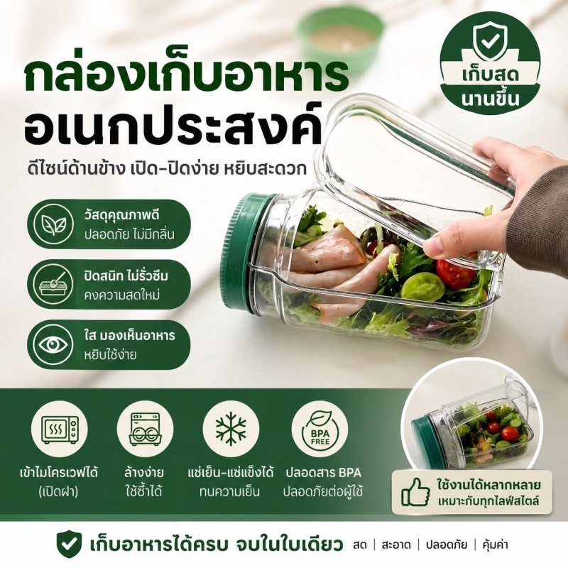 กล่องสลัดพกพา พร้อมช่องน้ำสลัดในตัว ซีลกันรั่ว BPA Free เข้าไมโครเวฟได้ ล้างง่าย - Kevro