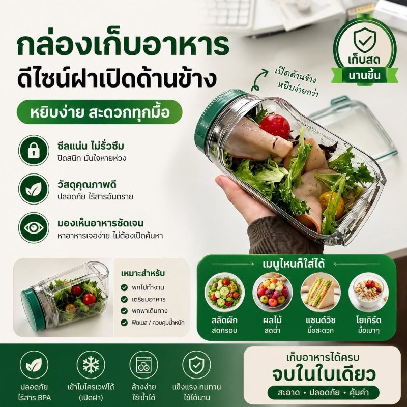 กล่องสลัดพกพา พร้อมช่องน้ำสลัดในตัว ซีลกันรั่ว BPA Free เข้าไมโครเวฟได้ ล้างง่าย - Kevro