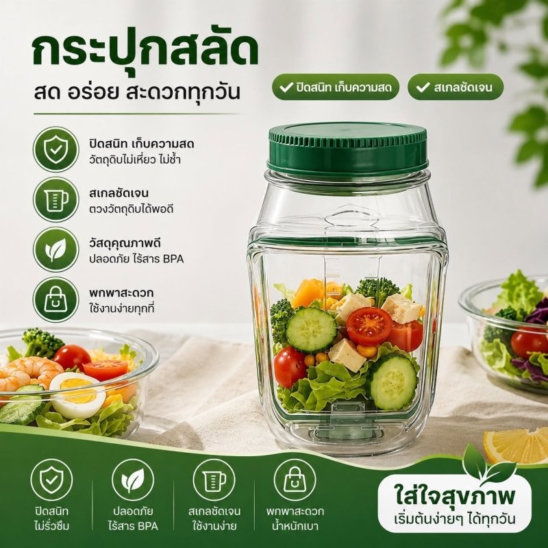กล่องสลัดพกพา พร้อมช่องน้ำสลัดในตัว ซีลกันรั่ว BPA Free เข้าไมโครเวฟได้ ล้างง่าย - Kevro