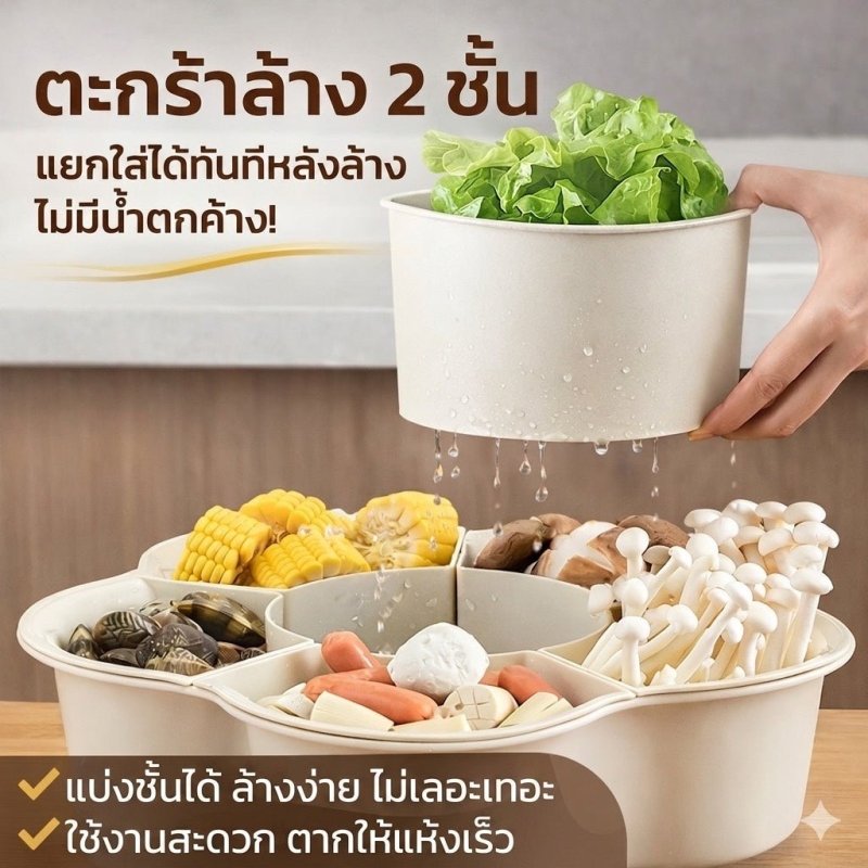 ถาดใส่อาหารหมุนได้ 360° 6 ช่อง ถาดหม้อไฟ ถาดแบ่งอาหาร ถาดชาบู ถาดใส่ของกิน หมุนได้ ล้างได้ - Kevro